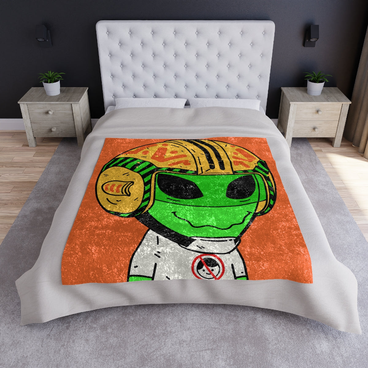 Yellow Space Ship UFO Flying Saucer Helmet Green Smiley Anti Human Visi Tshirt Visitor Crushed Velvet Blanket - Visitor751