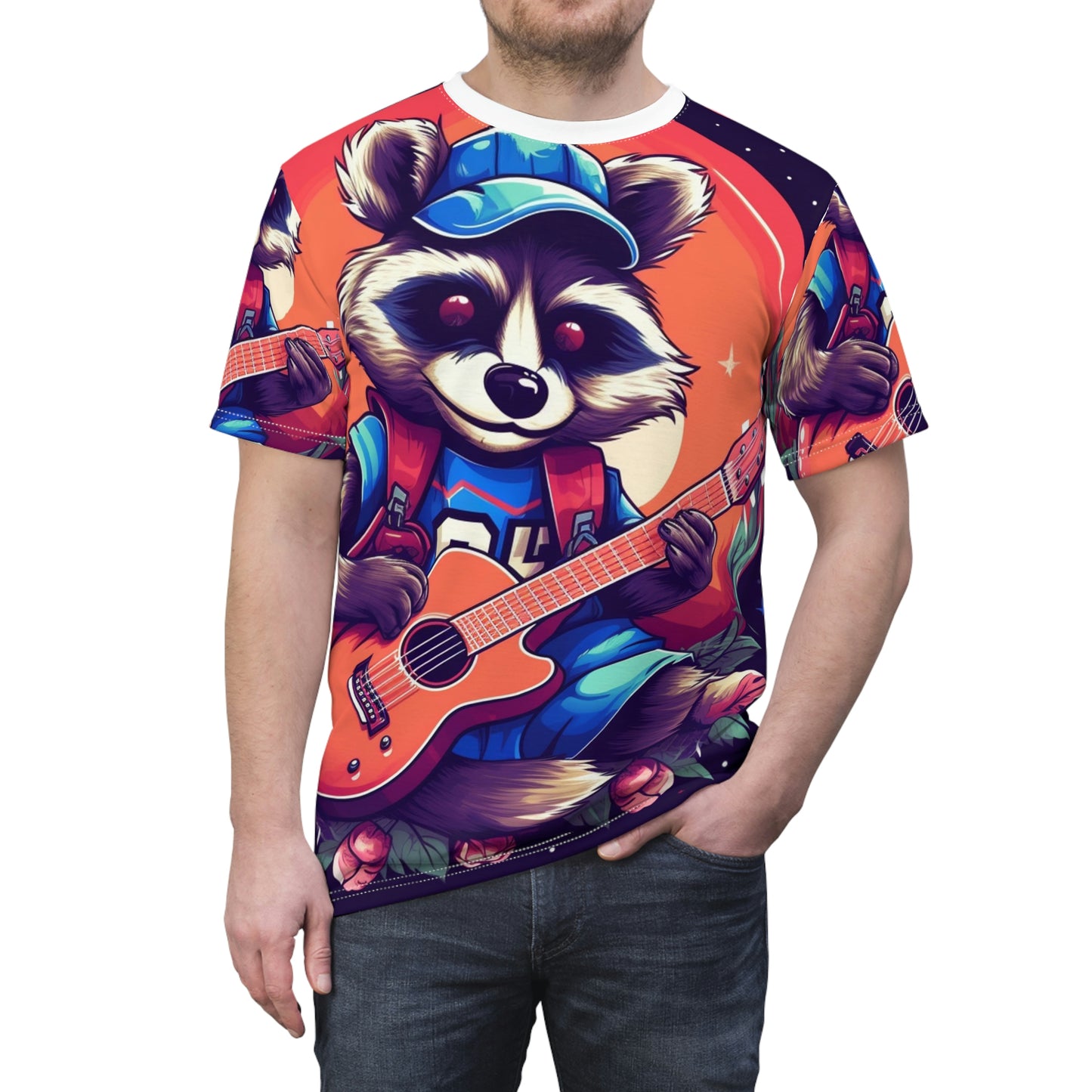 Acoustic Guitar Raccoon - Furry Animal Musician Decor Unisex Cut & Sew Tee (AOP)