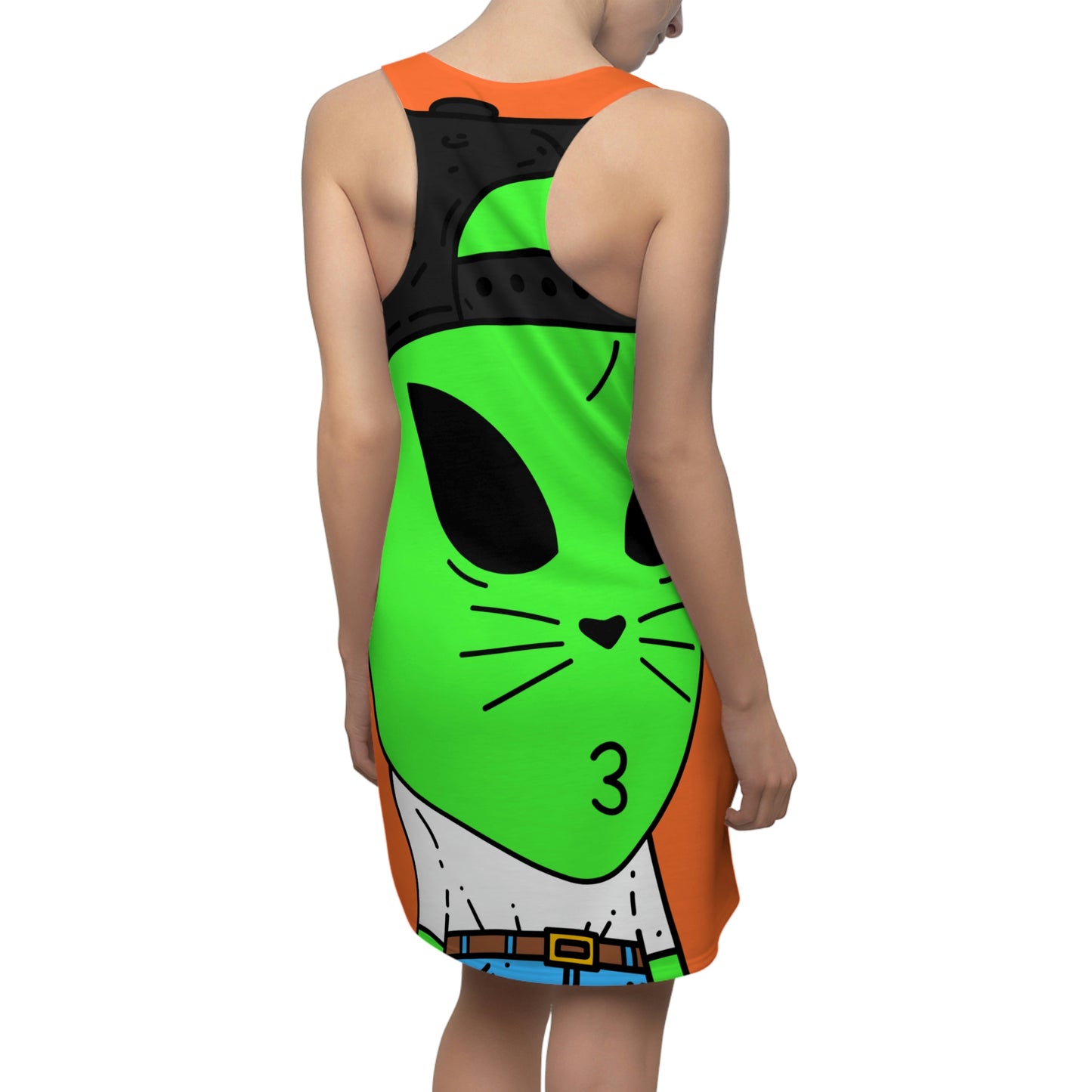 Cat Whiskers Visitor Green Alien Heart Nose Black Cap Women's Cut & Sew Racerback Dress (AOP)