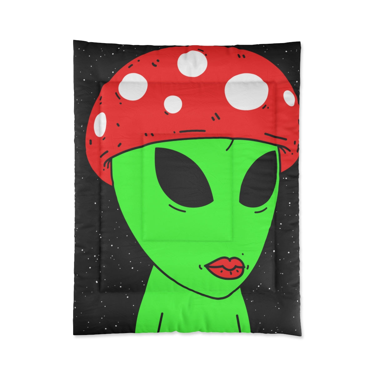 Mushroom Head Green Alien Visitor w/ Red Lips Bed Comforter