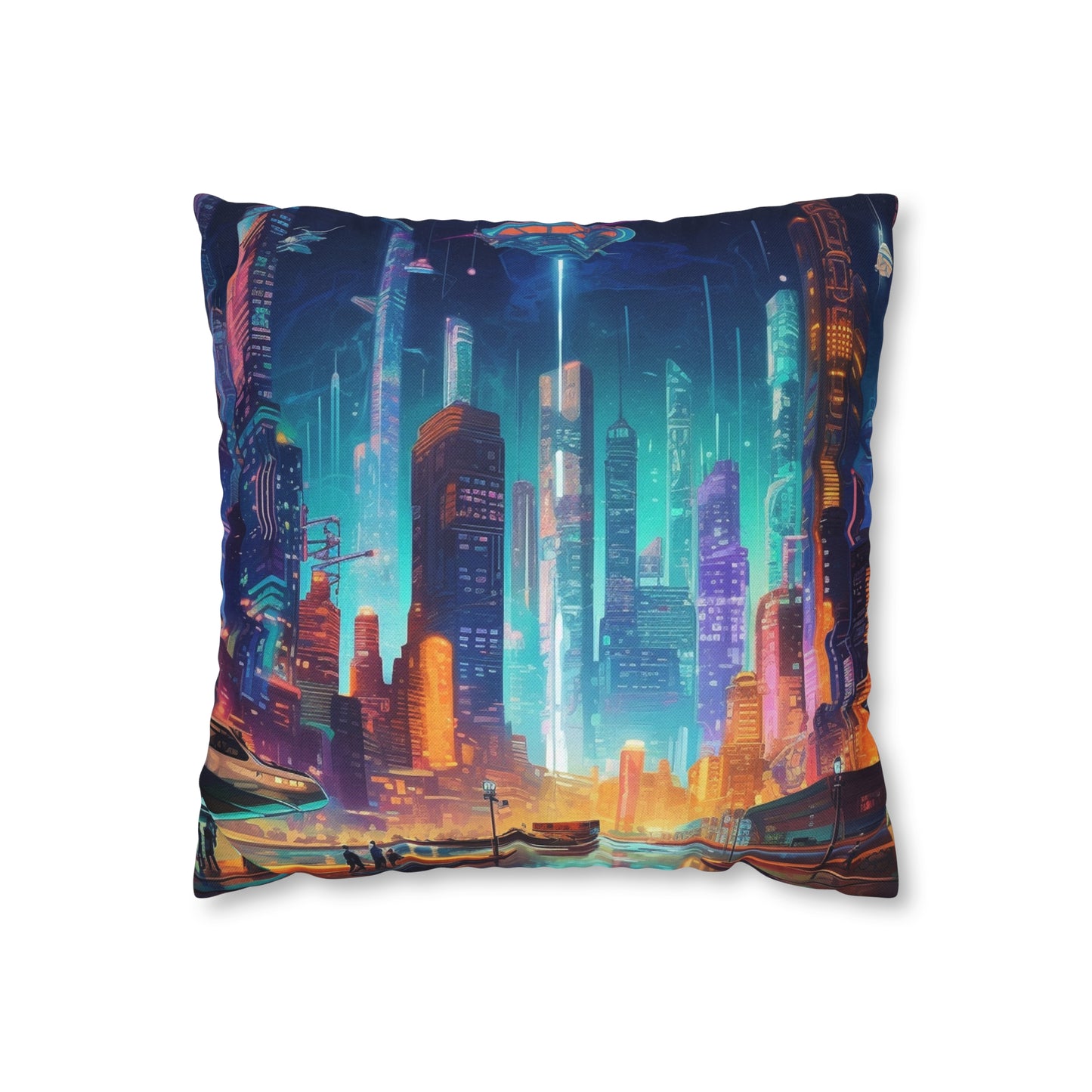 Futuristic Neon Cyberpunk Cityscape Art Design Spun Polyester Square Pillow Case