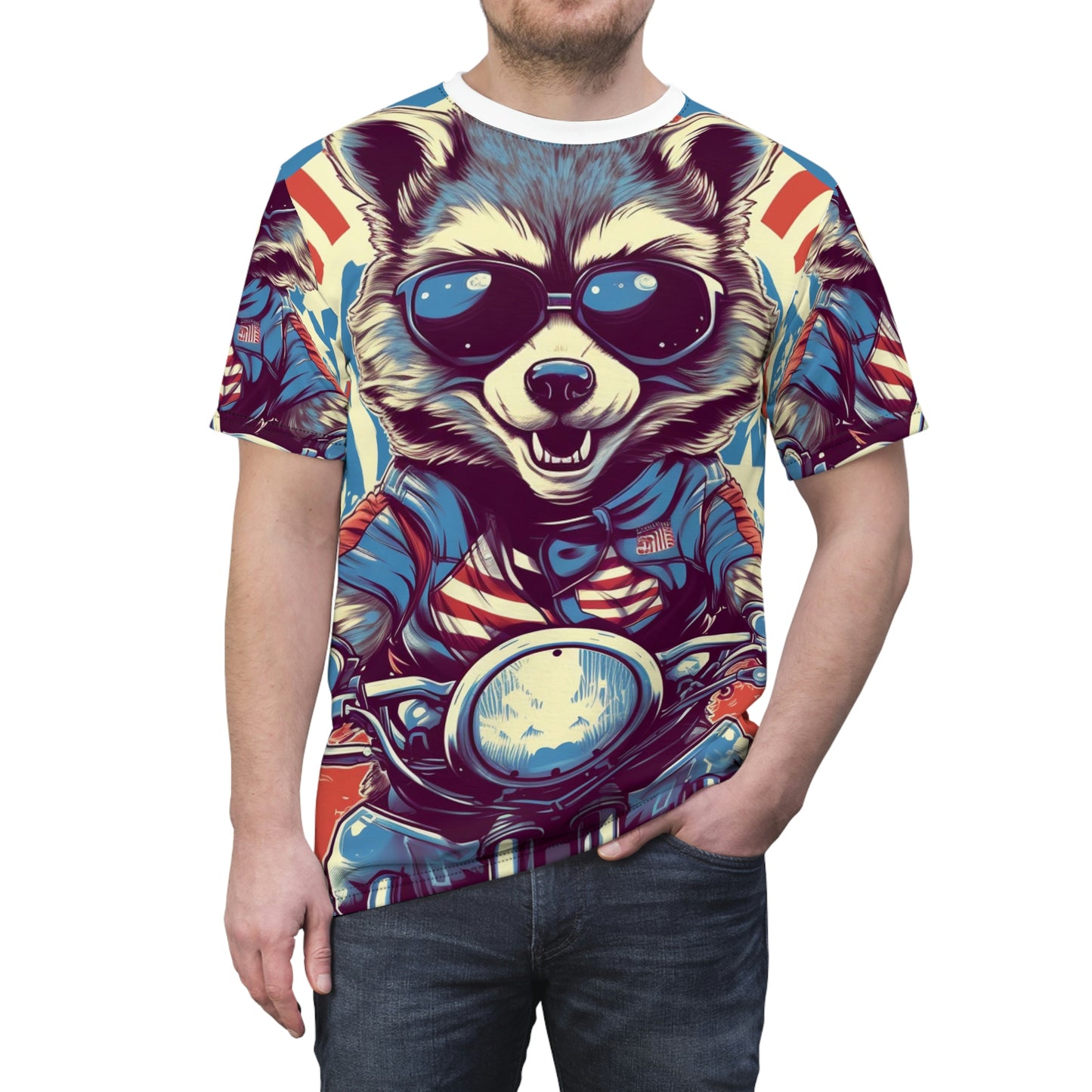 Raccoon Motorcycle Bike Rider Furry Animal Graphic Unisex Cut & Sew Tee (AOP)