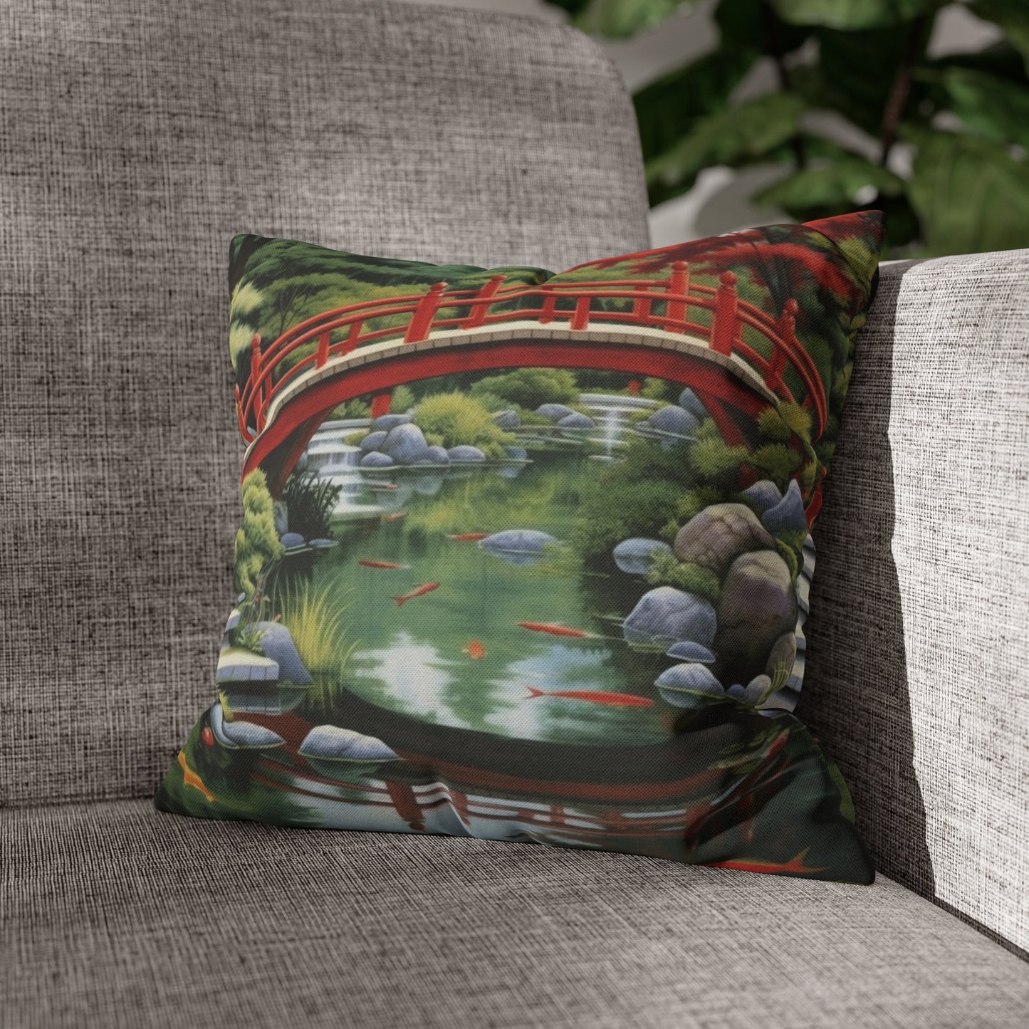 Japanese Garden Art - Tranquil Koi Pond Red Bridge Spun Polyester Square Pillow Case