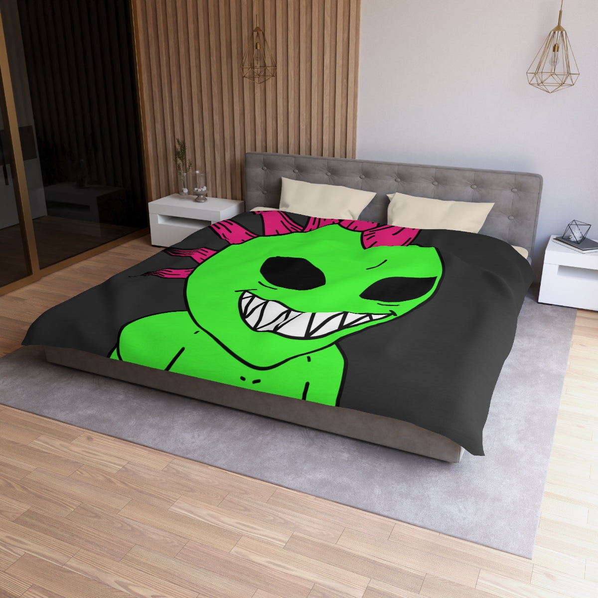 Spiked Pink Hair Muscle Big Smile Green Alien Visitor Microfiber Duvet Cover