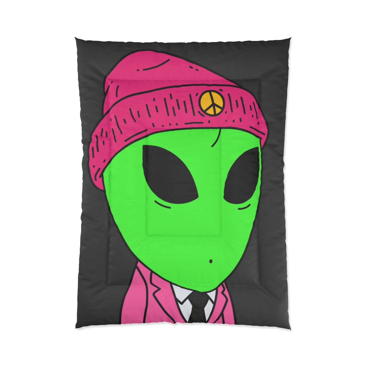 Traje de sombrero de paz rosa Cama de visitante extraterrestre verde Colcha