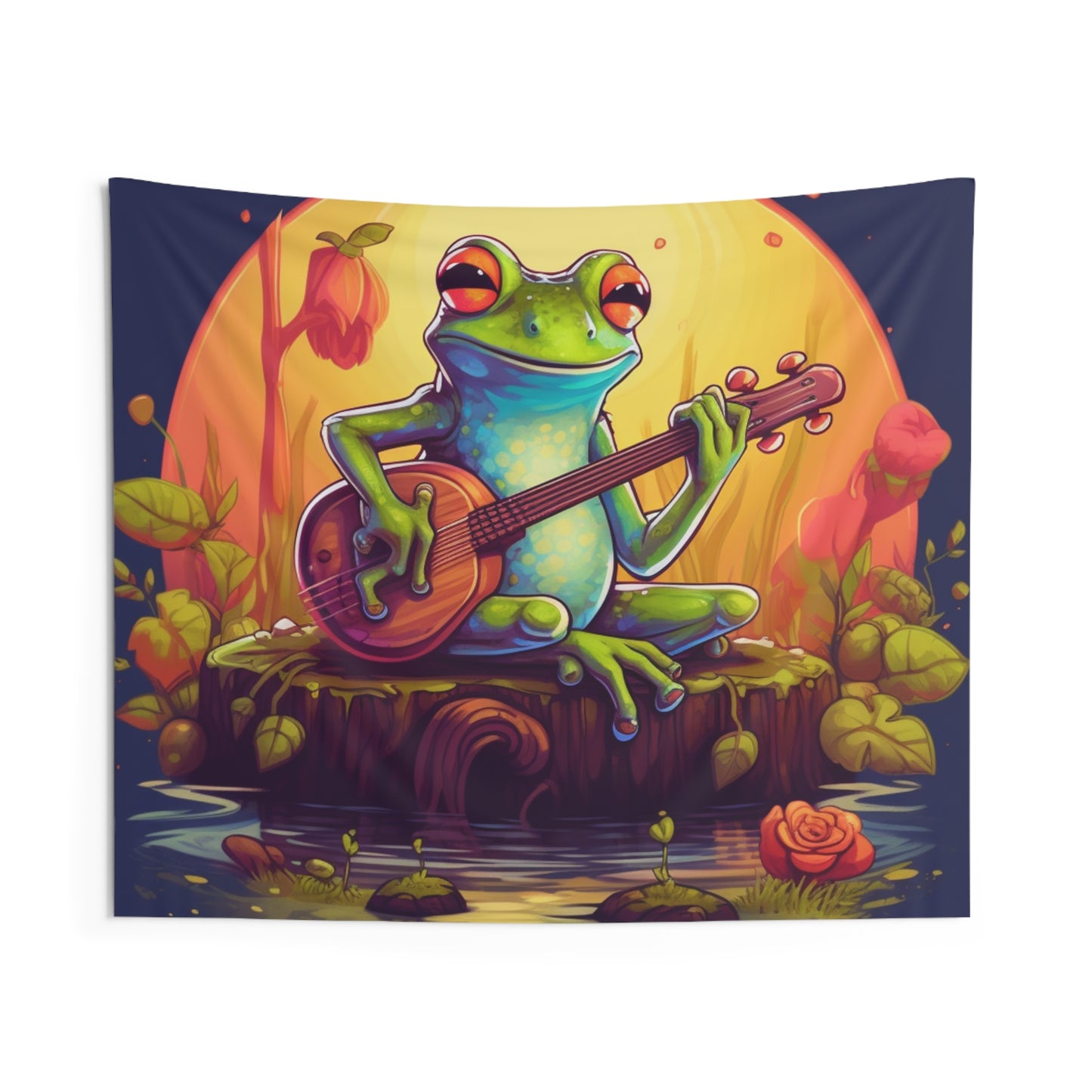 Log Frog Playing Instrument Tune Music Outdoor Swamp Graphic Indoor Wall Tapestries