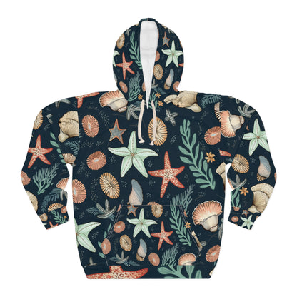 Sudadera con capucha unisex con diseño de conchas marinas y estrellas de mar dibujadas a mano (AOP)