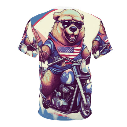 Roaring American Pride: Patriotic Bear 4th of July Motorcycle Adventure Unisex Cut & Sew Tee (AOP)