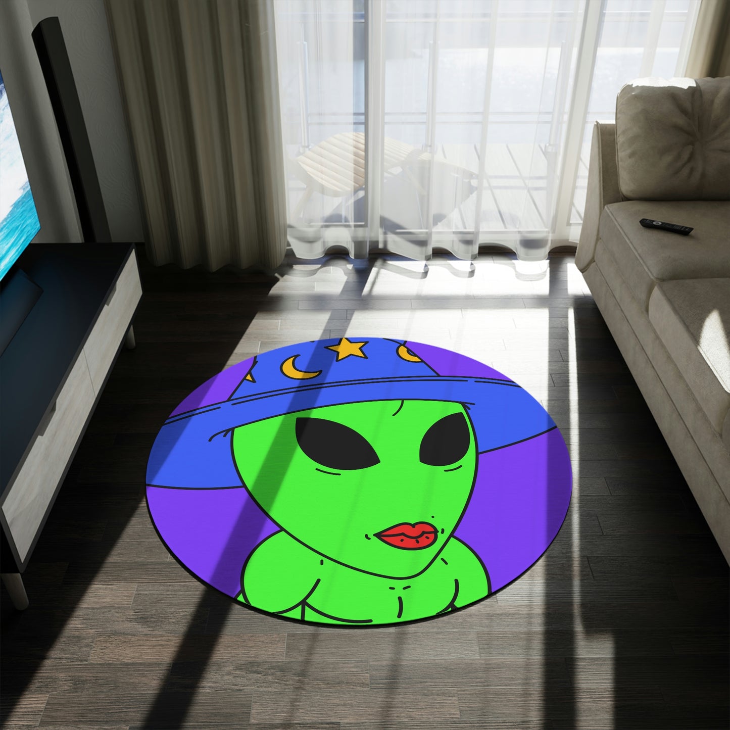 Blue Wizard Hat Alien Muscle Lipstick Green Visitor Round Rug - Visitor751
