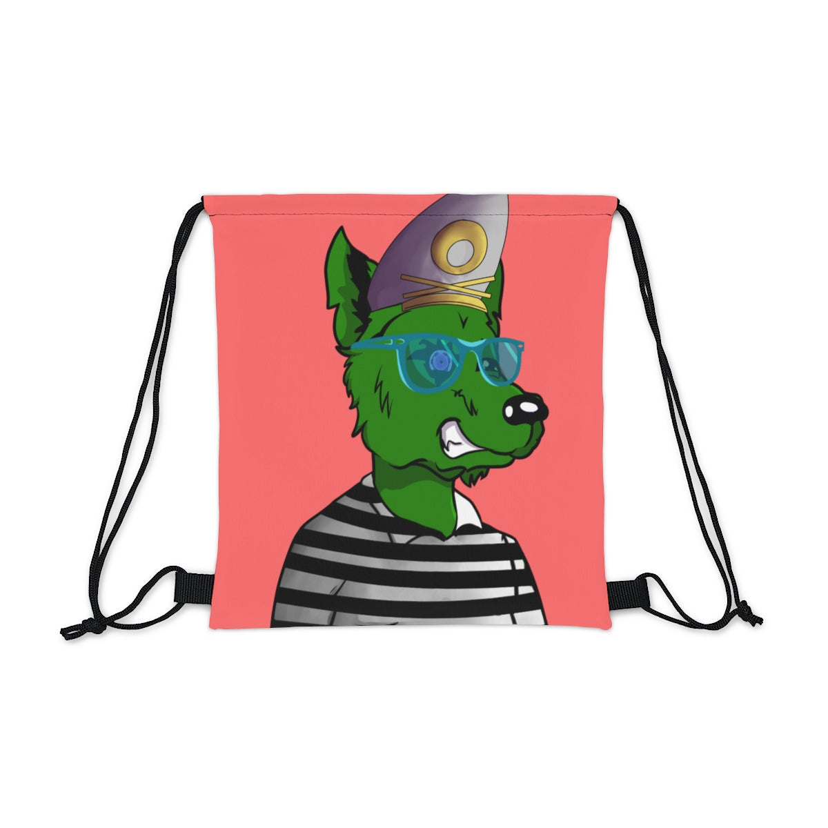 Cyborg Wolf Green Fur Striped Shirt Gold Sailor Hat Blue Glasses Outdoor Drawstring Bag