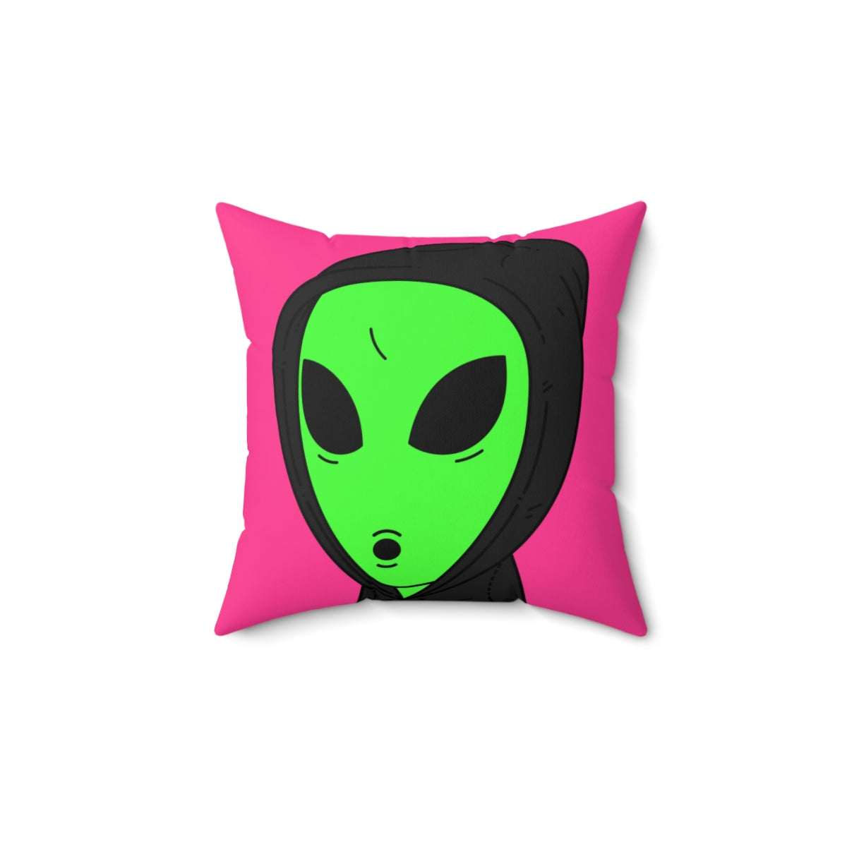 The Visitor Green Alien Black Hoodie Pink Background Spun Polyester Square Pillow