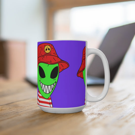 Alien Character Cartoon Red Hat Striped Shirt Big Smile Mug 15oz