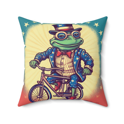 USA Frog Patriotic Indepencence Day 4th of July Bike Rider Spun Polyester Square Pillow