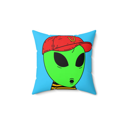 Visitors Alien Green Large O Face Red Visi V Hat Yellow Black Striped shirt Spun Polyester Square Pillow