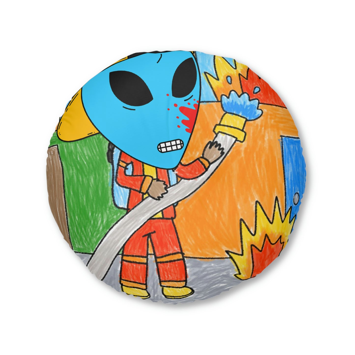 Fireman Fire Fighter Alien Blue Blood Visitor Hero Tufted Floor Pillow, Round