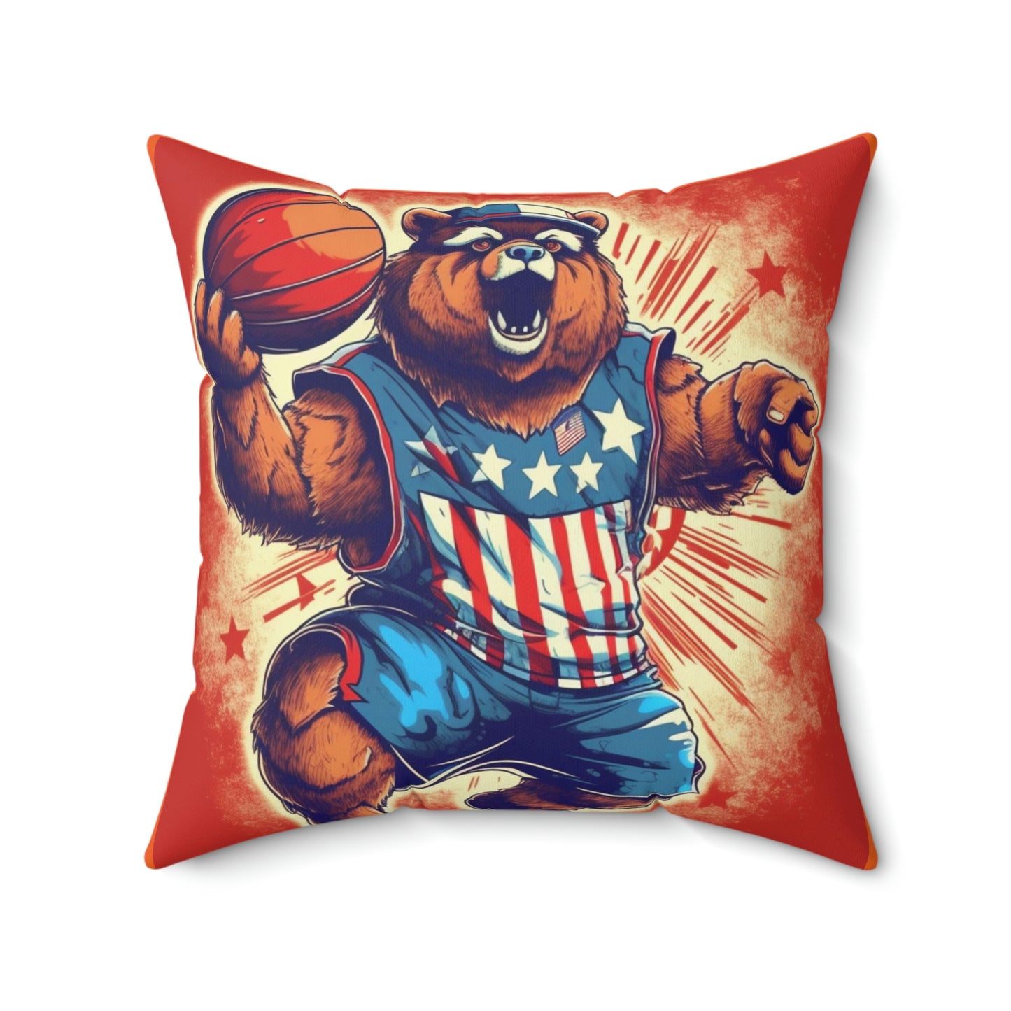 Slam Dunk for Independence:Patriotic Bear's 4th of July Basketball Game Spun Polyester Square Pillow