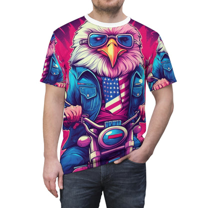 American Bald Eagle Riding Motercycle USA Gang Style Unisex Cut & Sew Tee (AOP)