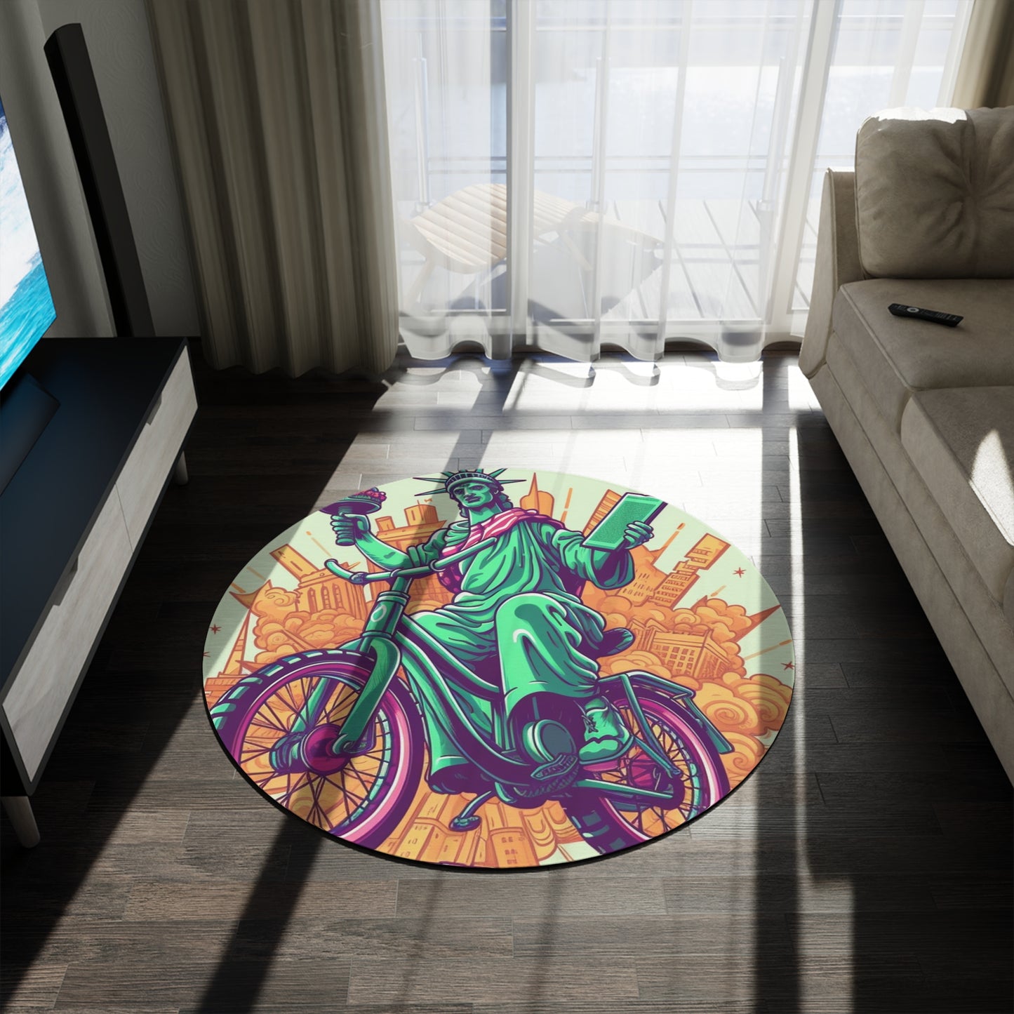 Statue of Liberty Cyclist Bike Rider American Graphic Round Rug