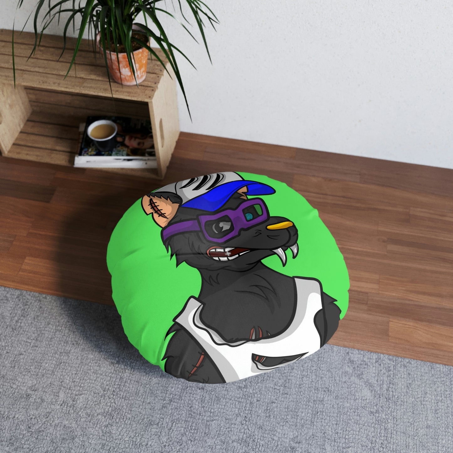 Trucker Wolf Cyborg Tufted Floor Pillow, Round