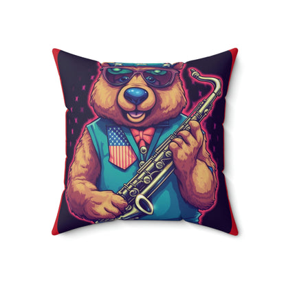 Jazz Stars and Stripes: Celebrate 4th of July with the Patriotic Bear's Saxophone Spun Polyester Square Pillow