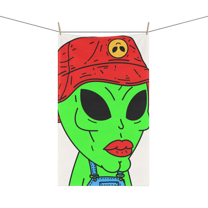 Old Green Alien Strong Chin Red Visi Hat Farmer Trouser Visitor Kitchen Towel
