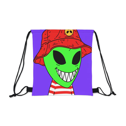 Alien Character Cartoon Red Hat Striped Shirt Big Smile Outdoor Drawstring Bag