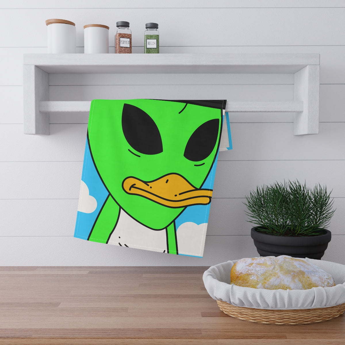 The Visitors Green Alien Duck Black Top Hat Kitchen Towel