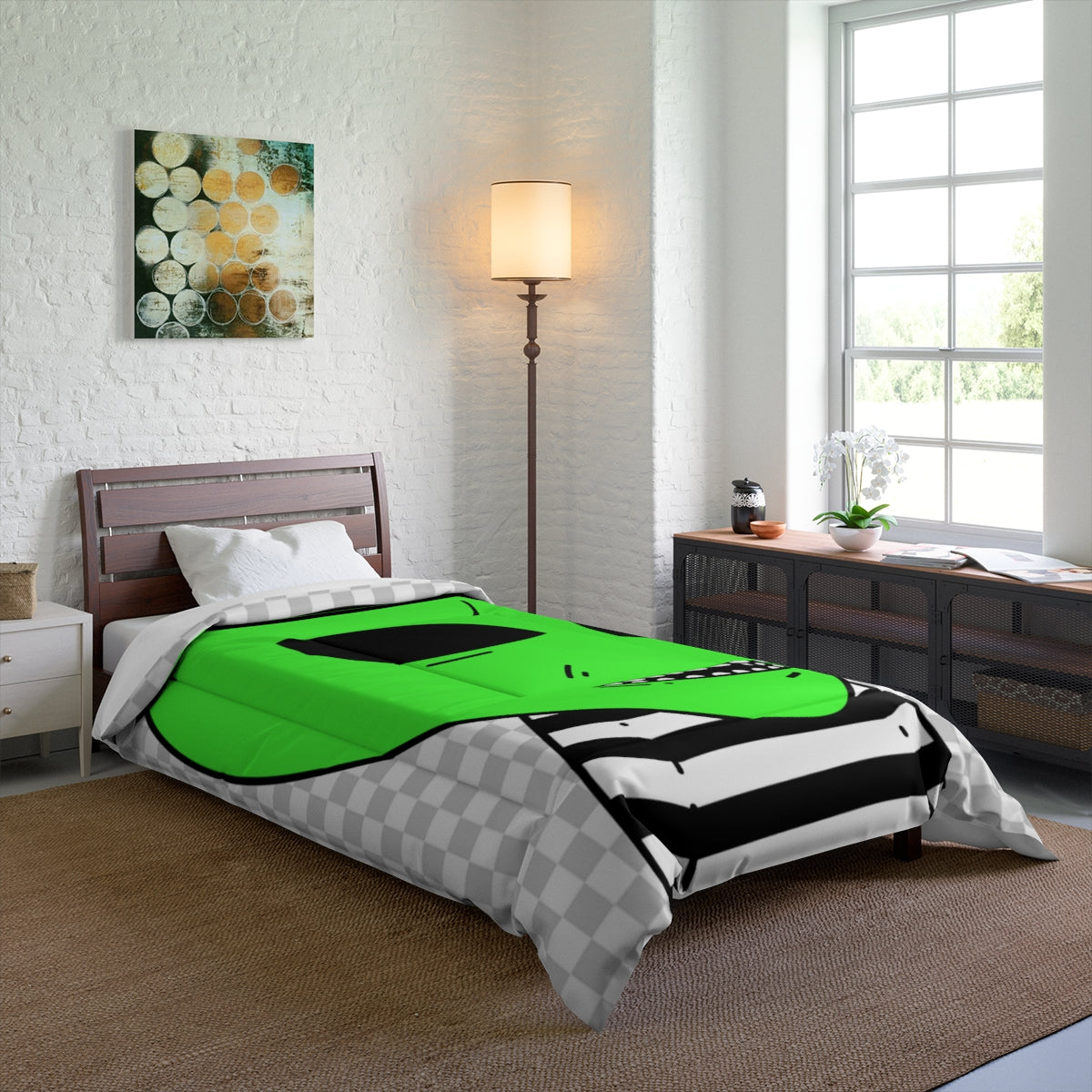 Green Alien Sharp Teeth Mouth Striped Black White Shirt Visitor Bed Comforter