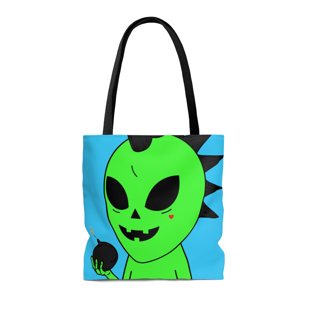 Green Alien Black Spiked Hair Calabaza Cara Bomba Visitante AOP Bolsa de tela 