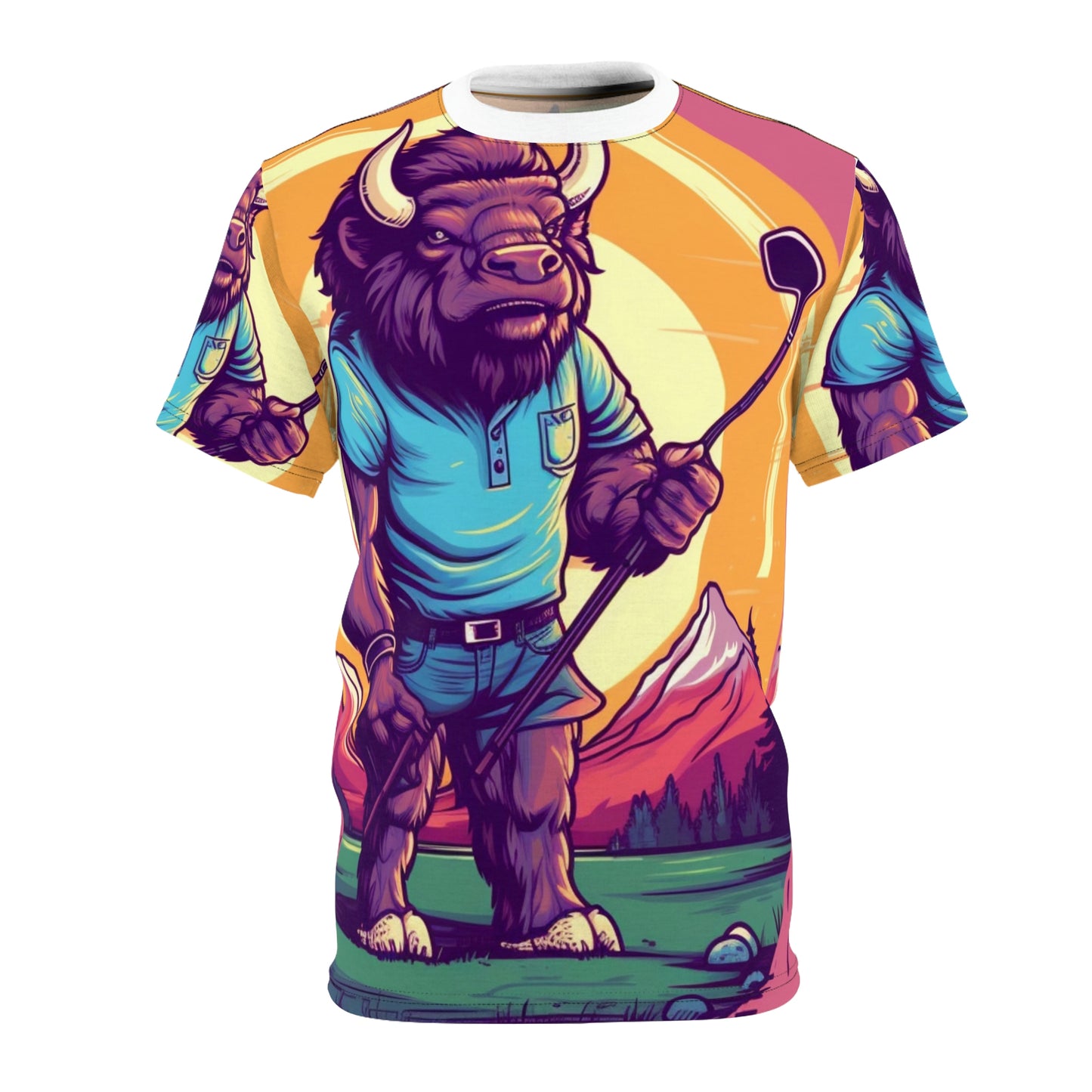 Golf Bison Buffalo USA Style Graphic Camiseta unisex cortada y cosida (AOP) 