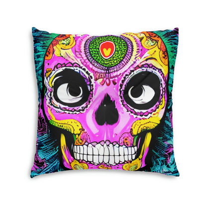 Cojín de suelo capitoné con cara de esqueleto de calavera psicodélica trippy, cuadrado 