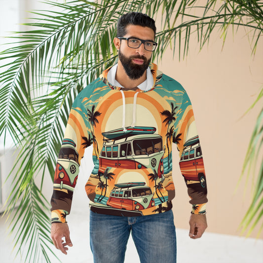 Retro Beach Camper Van - Sunset Surfboard Scene Sudadera con capucha unisex (AOP) 