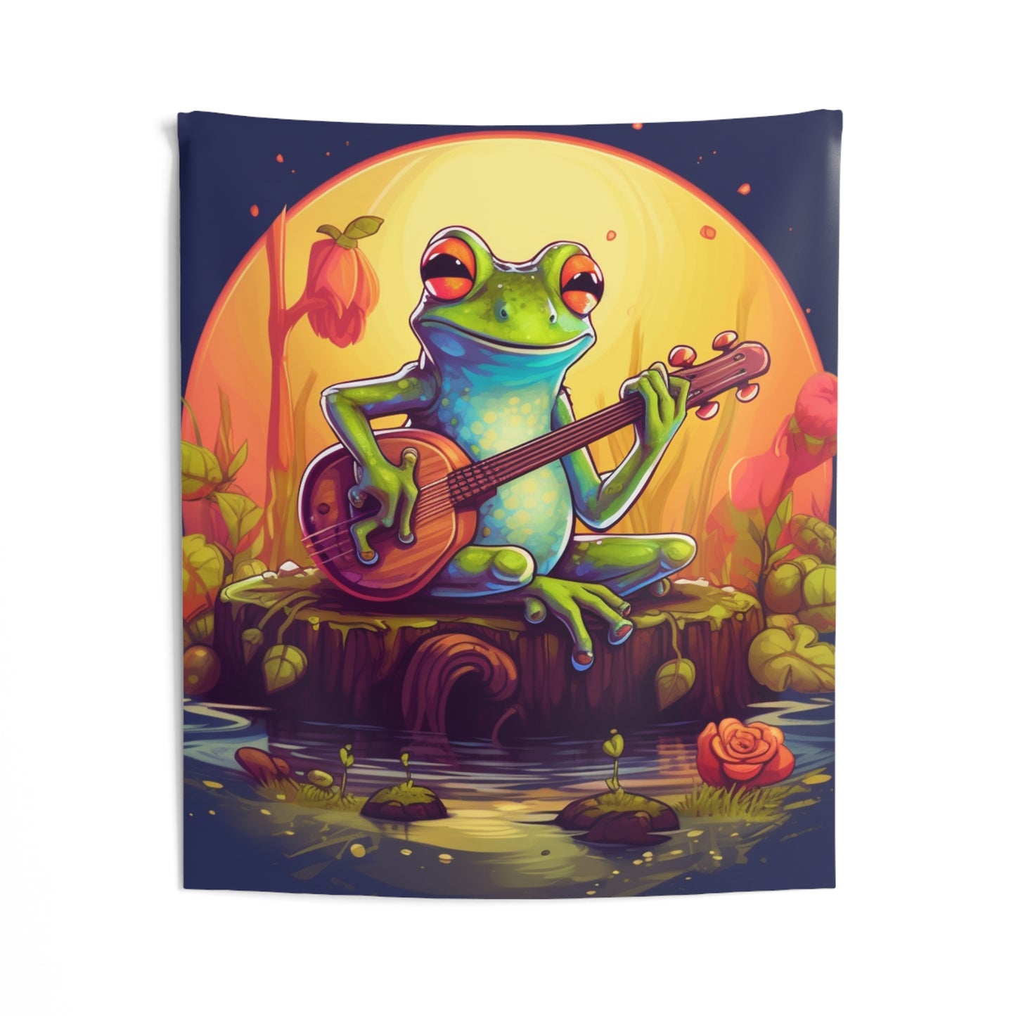 Log Frog Playing Instrument Tune Music Outdoor Swamp Graphic Indoor Wall Tapestries