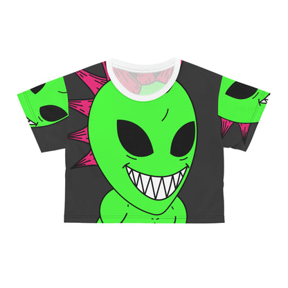 Spiked Pink Hair Muscle Alien Visitor Crop Tee (AOP)