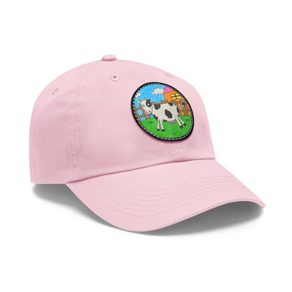 Cow Farm Animal Character Dad Hat with Leather Patch (Round)