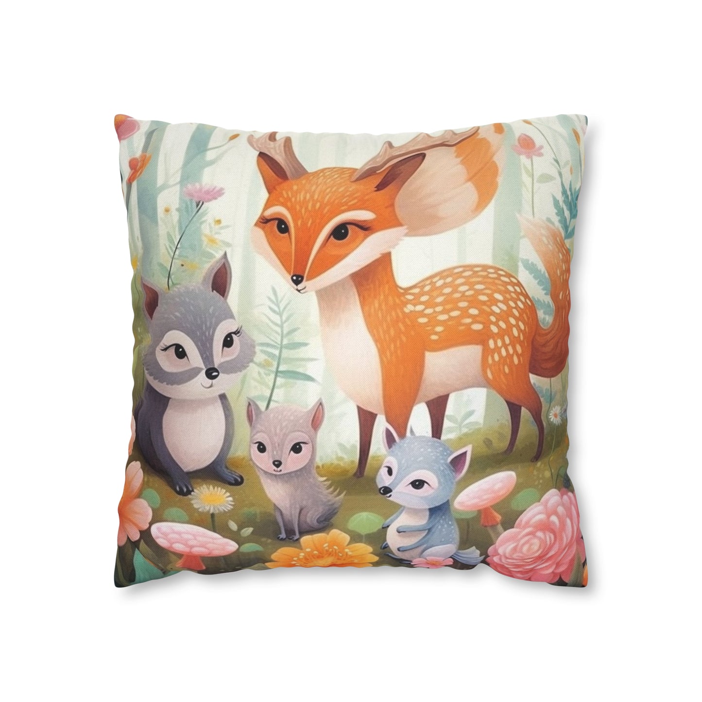 Cute Woodland Creatures Whimsical Animal Art Spun Polyester Square Pillow Case