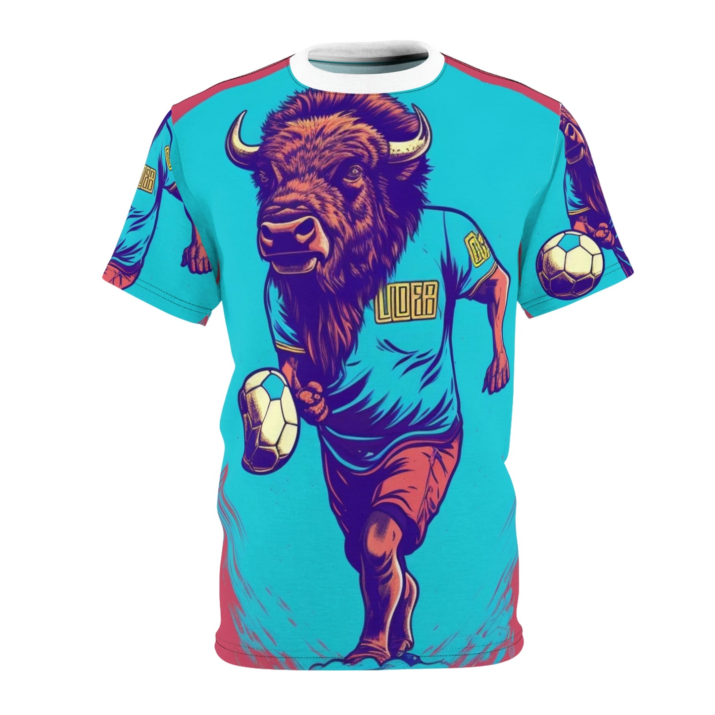 American Bison Soccer Player Sport Buffalo Graphic Camiseta unisex cortada y cosida (AOP) 