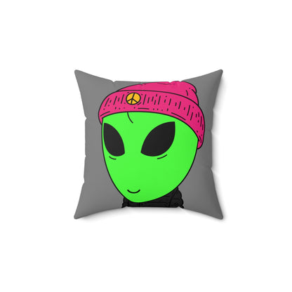 The Visitors Green Alien Peace Hat Spun Polyester Square Pillow