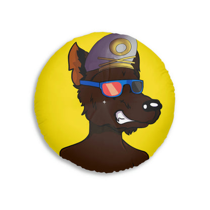 Wolf Cyborg Sailor Hat Shirtless Sunglasses Brown Fur Tufted Floor Pillow, Round