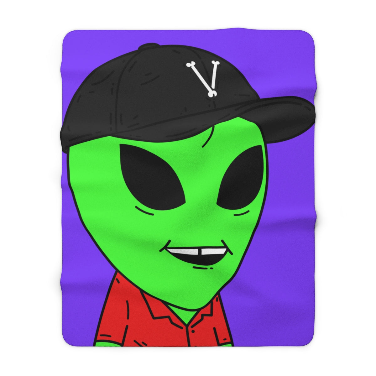 Missing Tooth Red Collar Green Alien with Visitor V Black Hat Sherpa Fleece Blanket