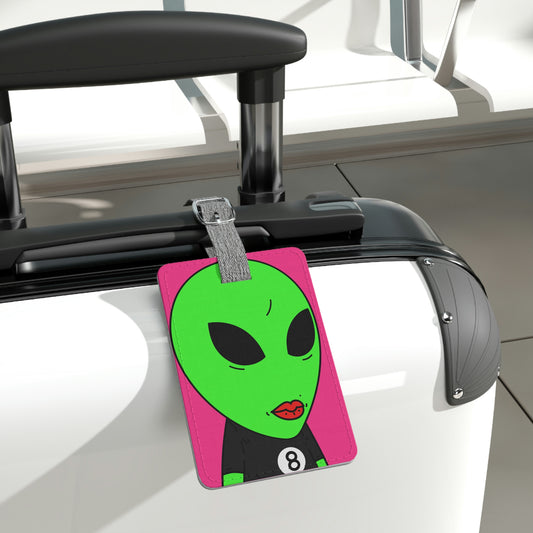 8 Ball Green Alien Lipstick Visitor Pool Player Game Saffiano Polyester Luggage Tag, Rectangle