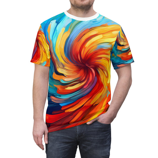 Arte abstracto arremolinado vibrante: camiseta unisex única y colorida de corte y costura (AOP) 