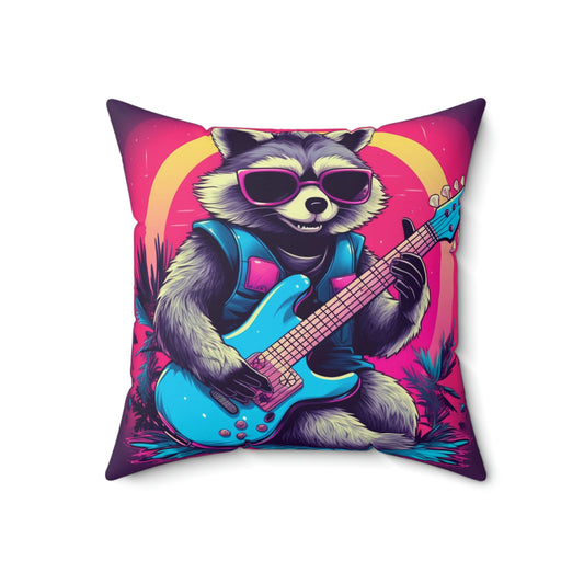 Guitar-Playing Raccoon: Furry Star of Rock Music Spun Polyester Square Pillow