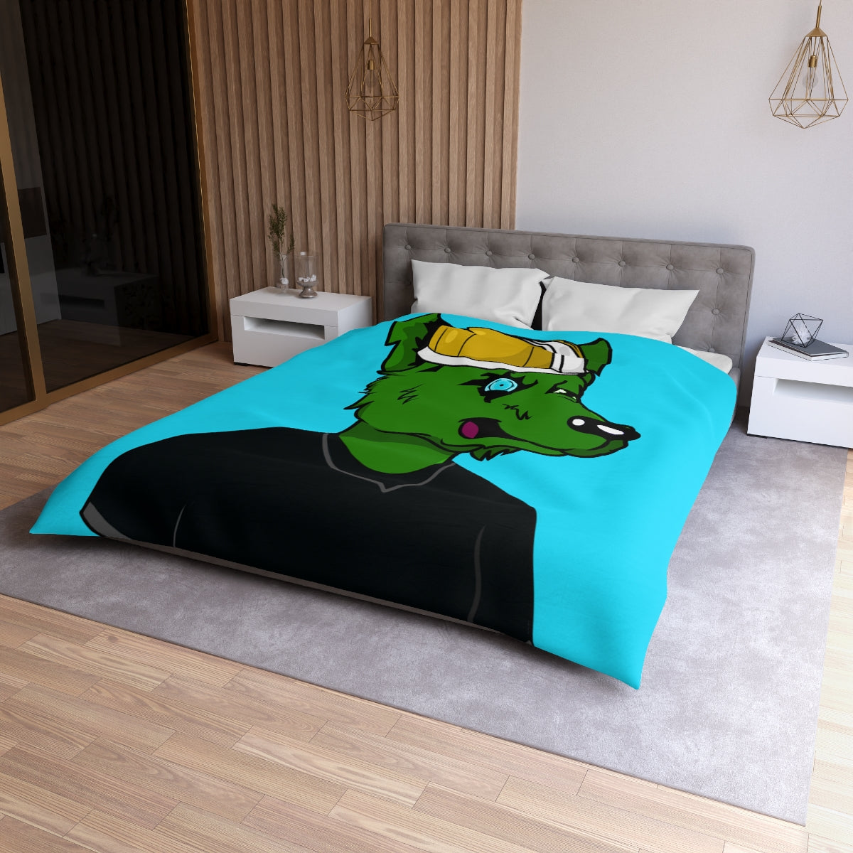 Cyborg Wolve Green Fur Black T Shirt Gold Miner Mining Mine Helmet Blue Bionic Eye Microfiber Duvet Cover