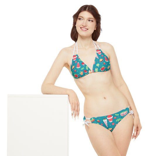 Quirky Summer Food Watermelon Ice Cream Cocktail Pattern Strappy Bikini Set (AOP)