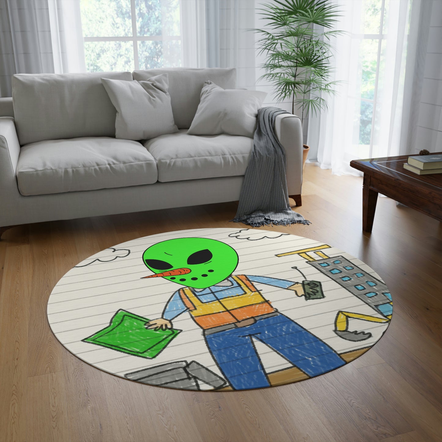 Construction Builder Building Alien Veggie Visi Vegetable Visitor Round Rug