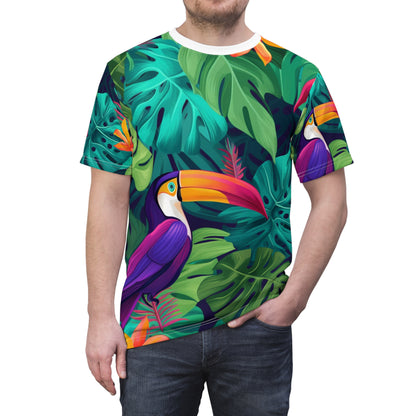 Vivid Tropical Birds & Leaves - Seamless Pattern Unisex Cut & Sew Tee (AOP)