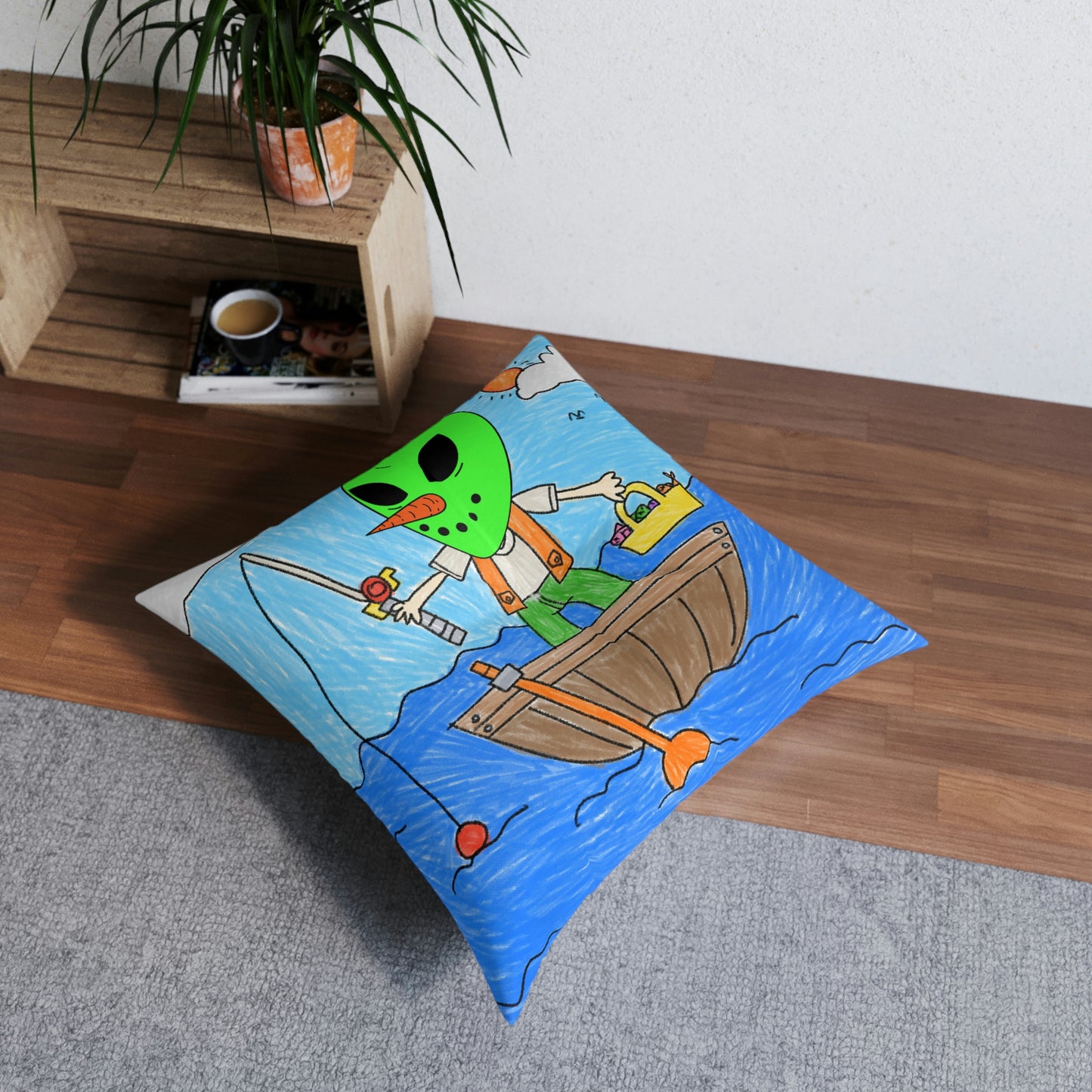 Sea Fish Hunter Veggie Visi Vegetable Visitor Alien Tufted Floor Pillow, Square