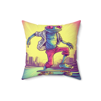 City Frog Skate Board Rider Playful Fun Anime Graphic Spun Polyester Square Pillow