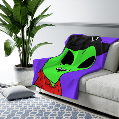 Missing Tooth Red Collar Green Alien with Visitor V Black Hat Sherpa Fleece Blanket